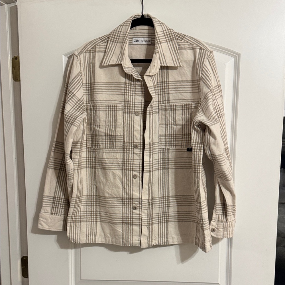 Zara Beige Plaid Shirt Jacket